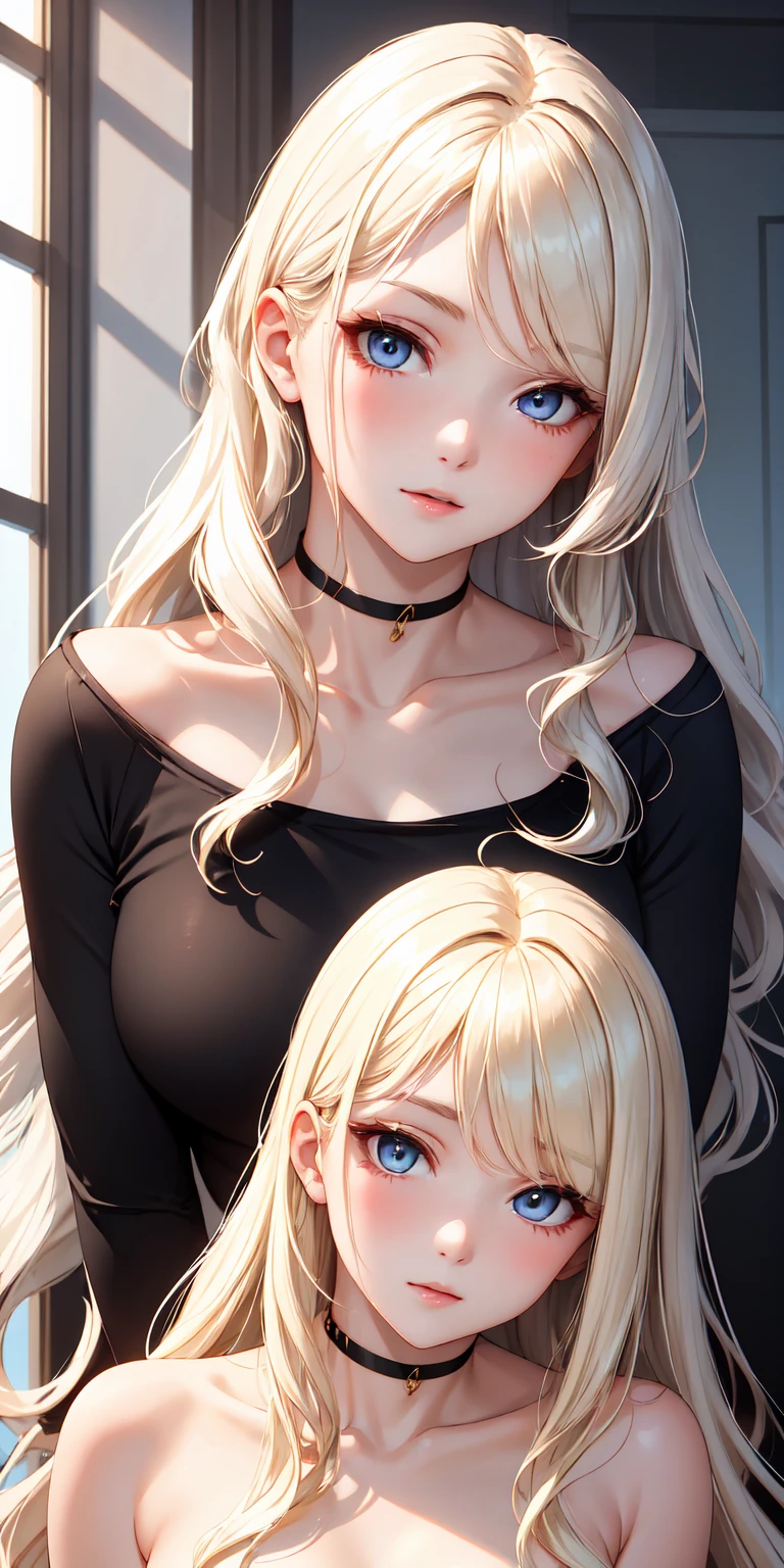 A beautiful woman with extreme pale skin and light blonde almost platinum wavy long hair without bangs with pale blue eyes, her lashes match her hair