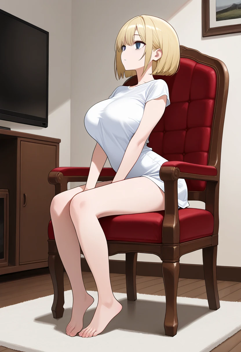 masterpiece,best quality,amazing quality,solo beautiful woman,blue eyes,large breast,looking ahead,sitting,empty eyes,beautiful face,blonde,bob cut hair,hands on chair's armrest,arched back,red chair,expression less,full body,living room,indoor