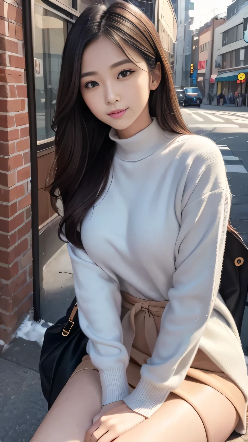 Araffe asian woman sitting on a bench in a city - SeaArt AI
