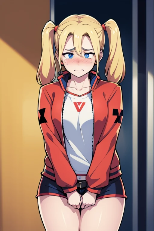  High resolution,  Precise,  HIGH QUALITY, HD model, harley quinn, 1 woman, Alone, white top,  red and blue open jacket, mini shorts,  blond hair ,  low twin tails ,  slim body,  desperation,  hands in the crotch , bad, blush, worried face,  blue eyes,  Big Butt, limelight, ashamed