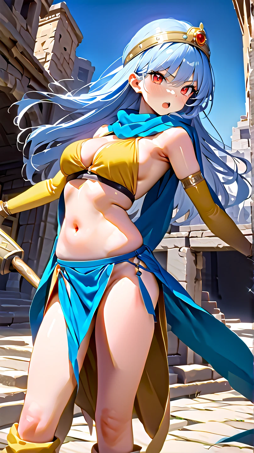 (                           girl),(  top quality , 8k, masterpiece:1.3),(                                     beautiful eyes , )(                                      medium breasts   ),( Amazing vibe                                       ),                                   Ultra-fine       , Sparkle Effect,           
    standing,       ANCIENT CITY  ,   Ancient Ruins   ,

     Serious Face    ,
                              open your mouth                       ,       
                 clevis on a stone,

,
           white belly dance costume ,
Yellow elbow gloves         ,Yellow Boots,

             Light Blue Long Hair ,             red eyes,          BLUE SCARF ,     blue cloak

red jewel on a gold crown    ,


 Fight with a gorgeous sword , dynamic pose ,