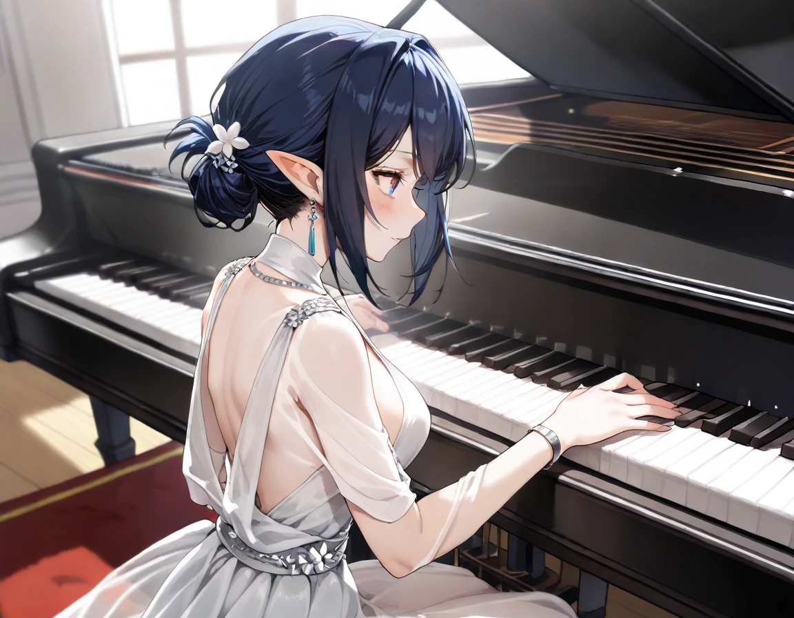 ((Best quality, 8k, Masterpiece: 1.3)), Sharp focus A beautiful woman with perfect body, Highly detailed face and skin texture, (Detailed eyes), dark blue hair, tied hair, jewelry, pointy ears, cinematic lighting, backlighting, from side, pianist, grand piano, piano concerto, concert venue, Evening gown, dress, Silk costume