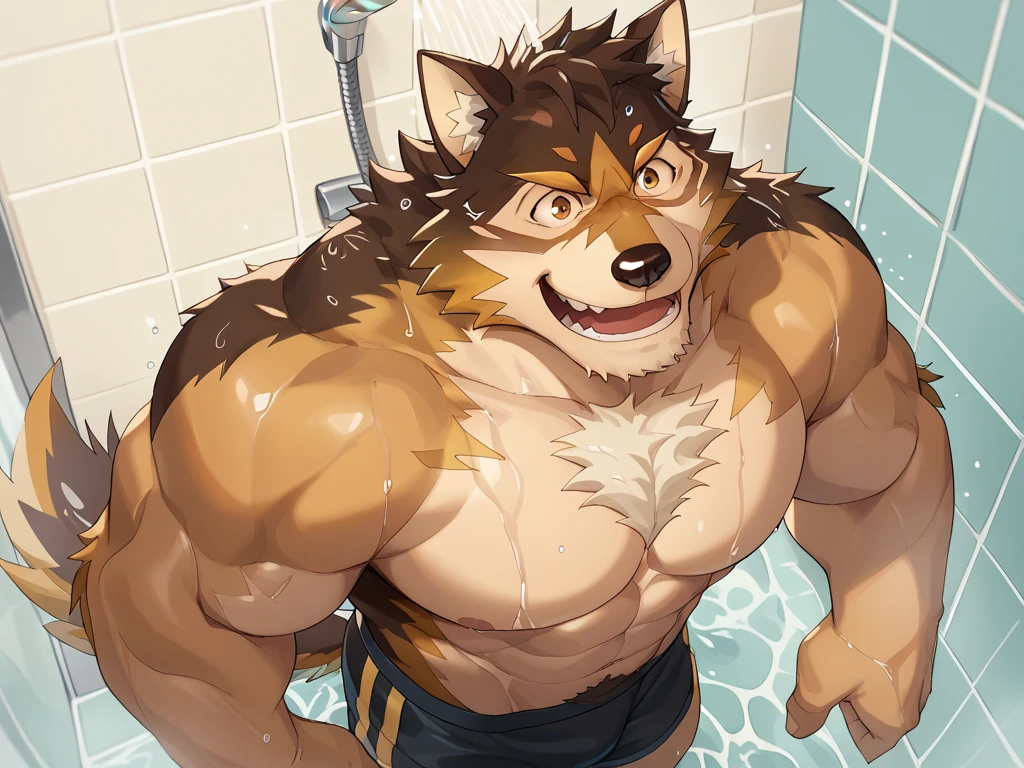 sculpted chest, hairy arms and legs, intense gaze, steam rising from the shower, water droplets on his muscular body, vibrant colors, dynamic pose, impressive physique, detailed fur texture, confident expression, powerful presence, masculine energy, comic book style, rugged charm, striking features，帅气的werewolf，lush armpit hair，lie on the floor，Sell cute to the camera，Blushed，The expression was very embarrassed，werewolf，性感的werewolf