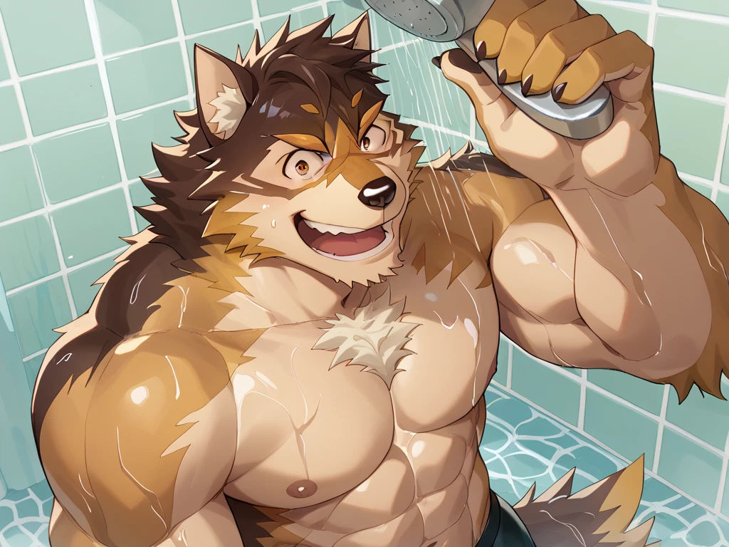 A male lion, buff, brown hairy mane, brown hairy chest, brown hairy armpits, brown hairy genitalia, slit, vagina, male, hd 8k, high resolution, creampie, blue eyes, moaning face, in the shower, cum dripping off the slit, 