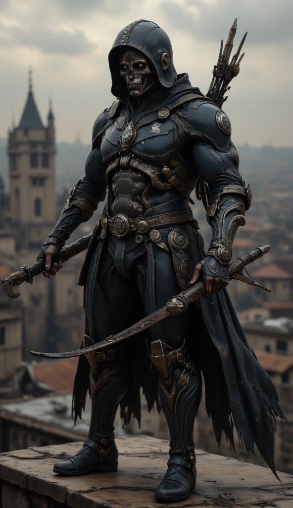 A full-body image of a muscular adult male.black leather full-body image 、face mask and mask hood, .black Skull Tactical Messenger Face Mask.a hooded person in invisible armor . wears leather armor, Tights.epic ninja suit, rogue.Leather fit to cover the whole body. smooth leather .Boy Teenage Assassin , stealth suit , Another World assassin , stand on the roof of a castle. . black night . Dark atmosphere .Low light.Weak lights cast dramatic shadows. Weird Another World atmosphere . Another World city. .whole body image.Handheld composite mechanical giant bow.full body photo.FANTASY
