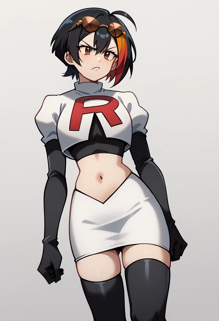 (score_9,score_8_up,score_7_up,),uncensored,DL_GQ,solo,1girl,black hair,eyewear on head,multicolored hair,short hair,red hair,brown eyes,ahoge,streaked hair,team rocket,team rocket uniform,white skirt,red letter R,crop top,black thigh-highs,black elbow gloves,cowboy_shot,tsundere