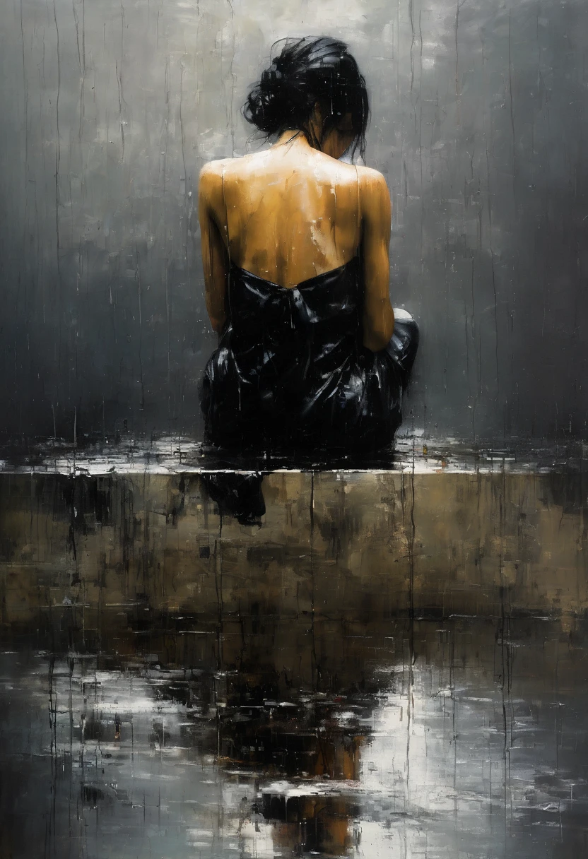 frame, old picture, horror tone, dark sense, abstract things in background, oil paint, {a painting of a woman from behind in a classical castle bathing area. This painting was created by an artist of the time}