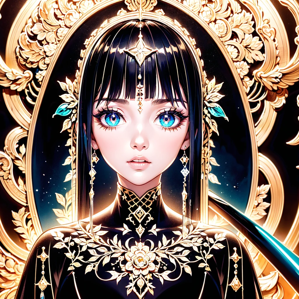 1girl, pretty face、Baby Face、((( Dynamic Best Composition 、 top quality 、 Masterpiece、 super detailed 、 high definition、CG,HHD,32K))),NEW STYLE 、 Geometric Neon Color Backgrounds、 Milky White Hair Color 、Black hair ornament、 Grim Reaper's Black Robe 、 highest resolution、 very detailed、 RAW photo、Poster、 Coolest Poses 、 full body 、 has a scythe、 Embellished Scythe 、Giant Scythe、（white long lashes 、 detailed eyes）、chaos、chaos、