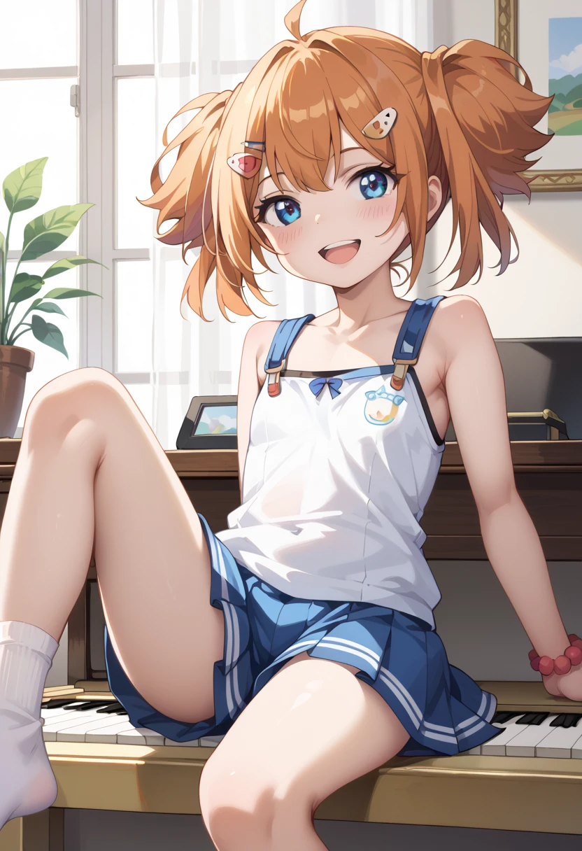 (( top quality )), ((masterpiece)), (be familiar with),  perfect face, indoor, bedroom, Watching viewers,
One woman, Yuen Hui,
 open mouth,  ecstatic expression beside the piano, blush, smile,
 small ,  flat chest, Young girl, Lori,  kids,  girl,
Short Hair,  twin tails,
Leg spread,