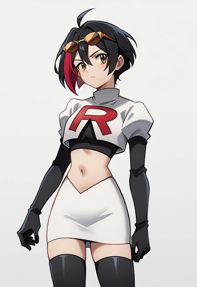 (score_9,score_8_up,score_7_up,),uncensored,DL_GQ,solo,1girl,black hair,eyewear on head,multicolored hair,short hair,red hair,brown eyes,ahoge,streaked hair,team rocket,team rocket uniform,white skirt,red letter R,crop top,black thigh-highs,black elbow gloves,cowboy_shot,