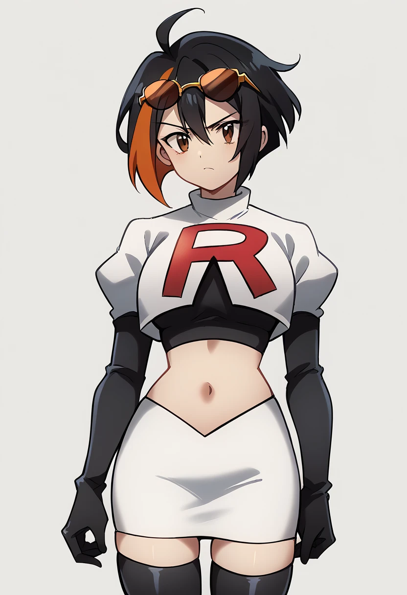 (score_9,score_8_up,score_7_up,),uncensored,DL_GQ,solo,1girl,black hair,eyewear on head,multicolored hair,short hair,red hair,brown eyes,ahoge,streaked hair,team rocket,team rocket uniform,white skirt,red letter R,crop top,black thigh-highs,black elbow gloves,cowboy_shot,