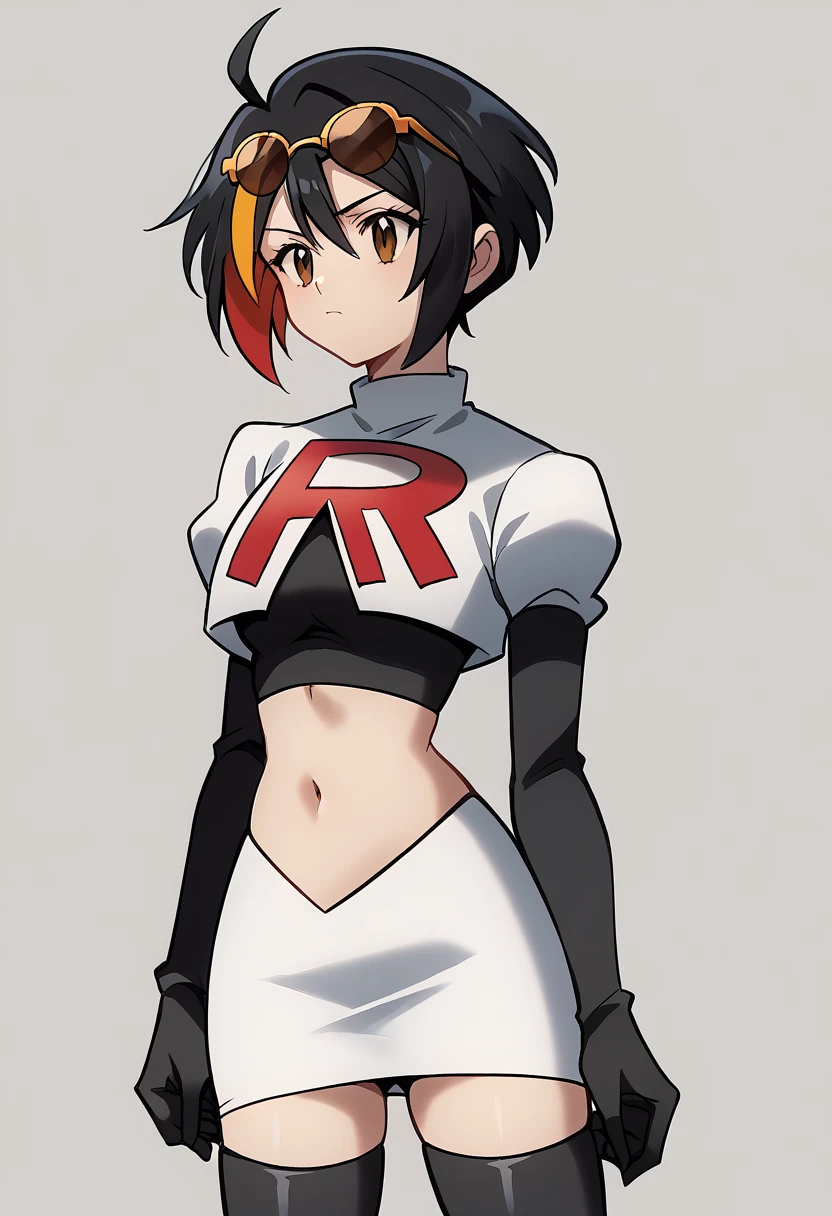 (score_9,score_8_up,score_7_up,),uncensored,DL_GQ,solo,1girl,black hair,eyewear on head,multicolored hair,short hair,red hair,brown eyes,ahoge,streaked hair,team rocket,team rocket uniform,white skirt,red letter R,crop top,black thigh-highs,black elbow gloves,cowboy_shot,