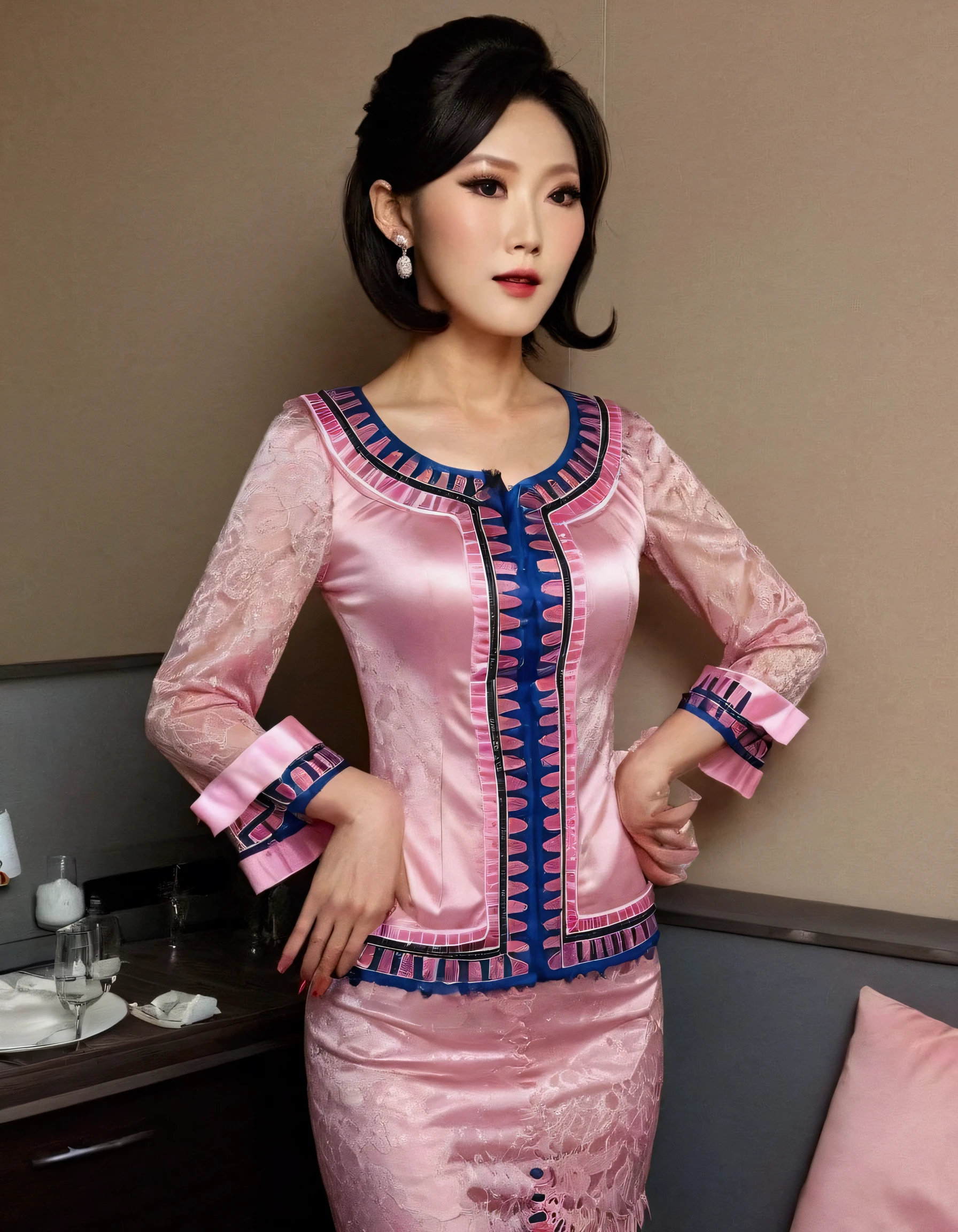 A Korean man in female stewardess uniform, he is crossdresser, big breasts like a woman, slender female body, His hairstyle is short and manly, long sleeves, pink, satin, dress set, Two-piece skirt suit, Rich lace and frills