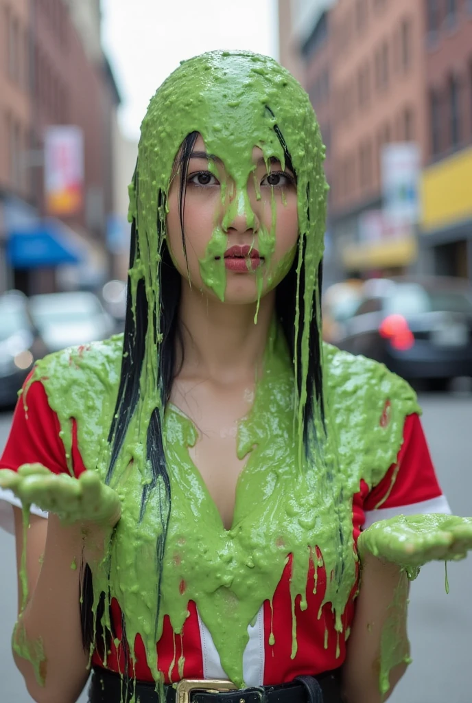 DSLR photograph. Beautiful Chinese woman covered in green water. Photorealistic. Wet liquid. Nasty slime. Raw photo. New York City streets. Daytime. Green Slime. Dripping green goo. 21 years old. (Asian: 1.1). Straight black hair. Green water. Portrait photo. Beautiful Asian face. Santababe. Santa dress.