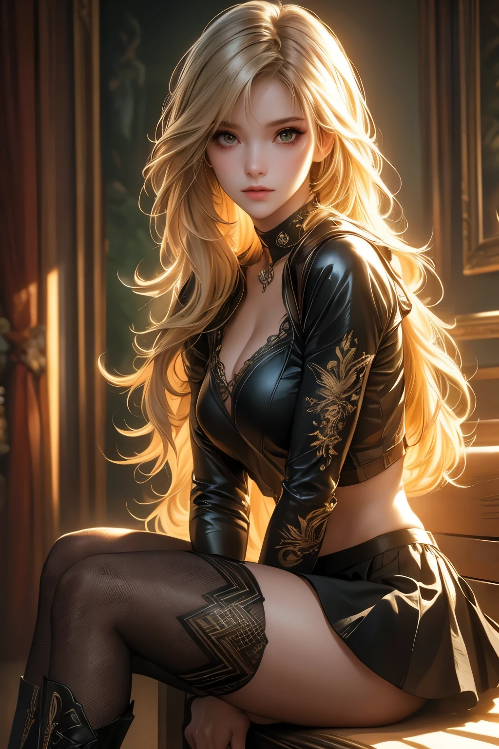 +masterpiece, Best quality, Looks super detailed, (((masterpiece))), (8k), (pseudo realism), (intricate details), (full focus), (full body photo), 1female, mafia, wavy white-blonde hair, bright green eyes, sennia skin, toned build, tattoos on chest + arms + neck, wearing short skirt + a crop top + thigh-high boots, sitting on a lounge sofa, dark nightclub background, soft light focus, seductive gaze, beautiful features, beautiful, confident, sexy, realistic, (EyesHD: 1.5), (masterpiece), (best quality), (ultra-detailed), (very aesthetic), (sharp focus), (depth of field), (vibrant colors), (ray tracing), (best lighting), detailed illustration), (detailed background), 8k, (cinematic), (beautiful face), (beautiful eyes), realistic facial features, detailed features, realistic features, defined features, detailed hair, semi-realistic style, semi-realistic, attractive features, masculine, dark colors, dark lighting, painted style, detailed style