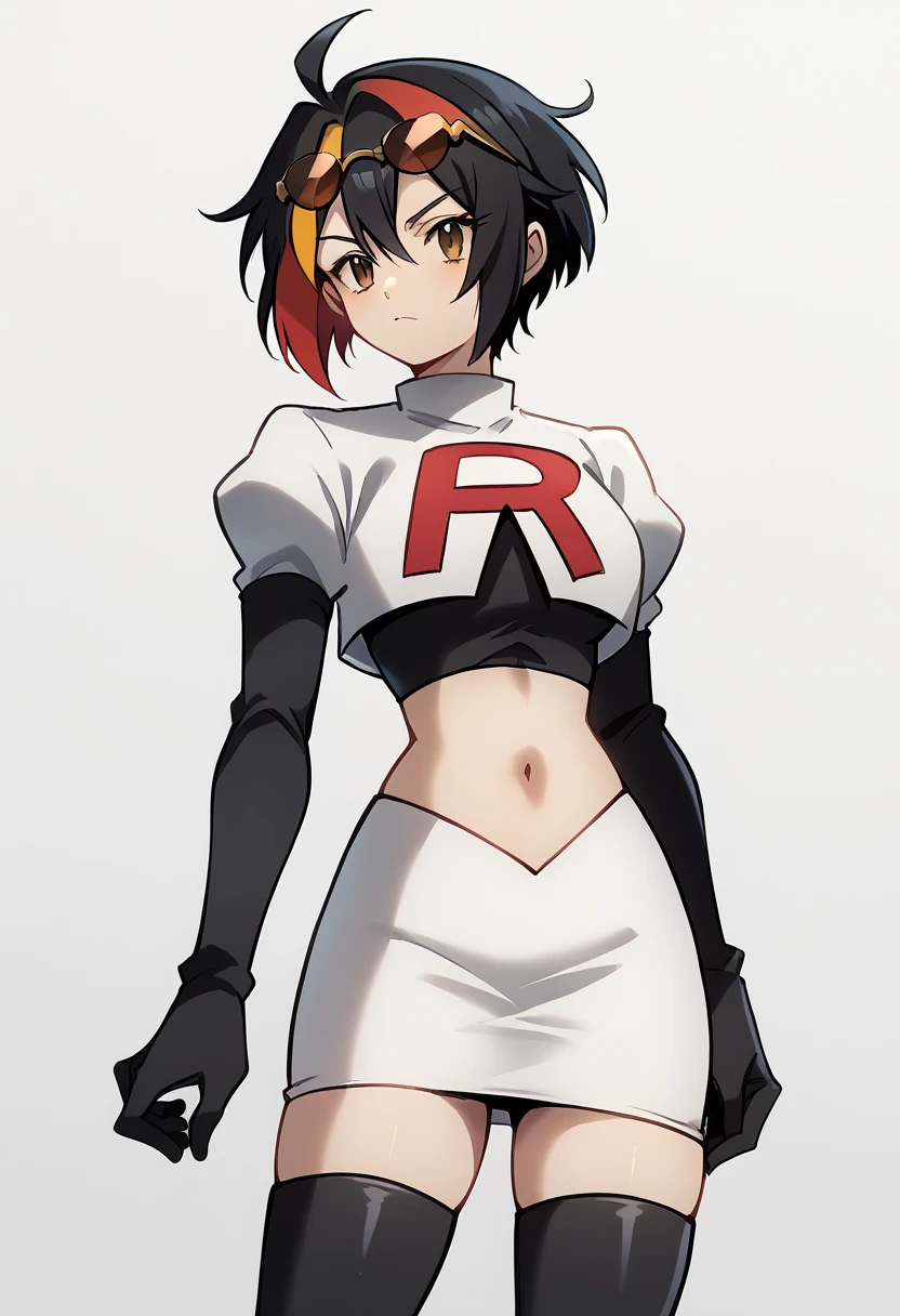 (score_9,score_8_up,score_7_up,),uncensored,DL_GQ,solo,1girl,black hair,eyewear on head,multicolored hair,short hair,red hair,brown eyes,ahoge,streaked hair,team rocket,team rocket uniform,white skirt,red letter R,crop top,black thigh-highs,black elbow gloves,cowboy_shot,