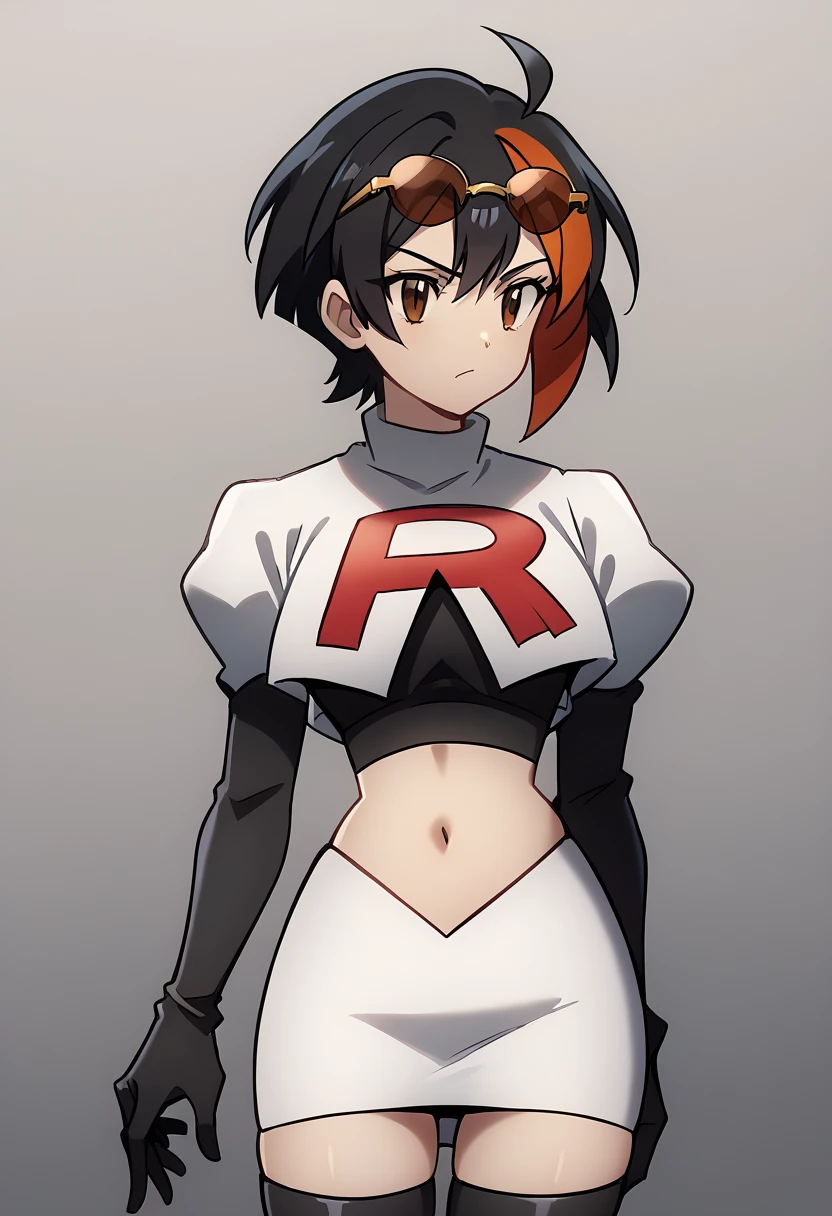 (score_9,score_8_up,score_7_up,),uncensored,DL_GQ,solo,1girl,black hair,eyewear on head,multicolored hair,short hair,red hair,brown eyes,ahoge,streaked hair,team rocket,team rocket uniform,white skirt,red letter R,crop top,black thigh-highs,black elbow gloves,cowboy_shot,