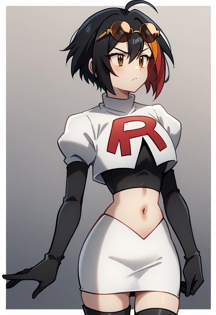 (score_9,score_8_up,score_7_up,),uncensored,DL_GQ,solo,1girl,black hair,eyewear on head,multicolored hair,short hair,red hair,brown eyes,ahoge,streaked hair,team rocket,team rocket uniform,white skirt,red letter R,crop top,black thigh-highs,black elbow gloves,cowboy_shot,