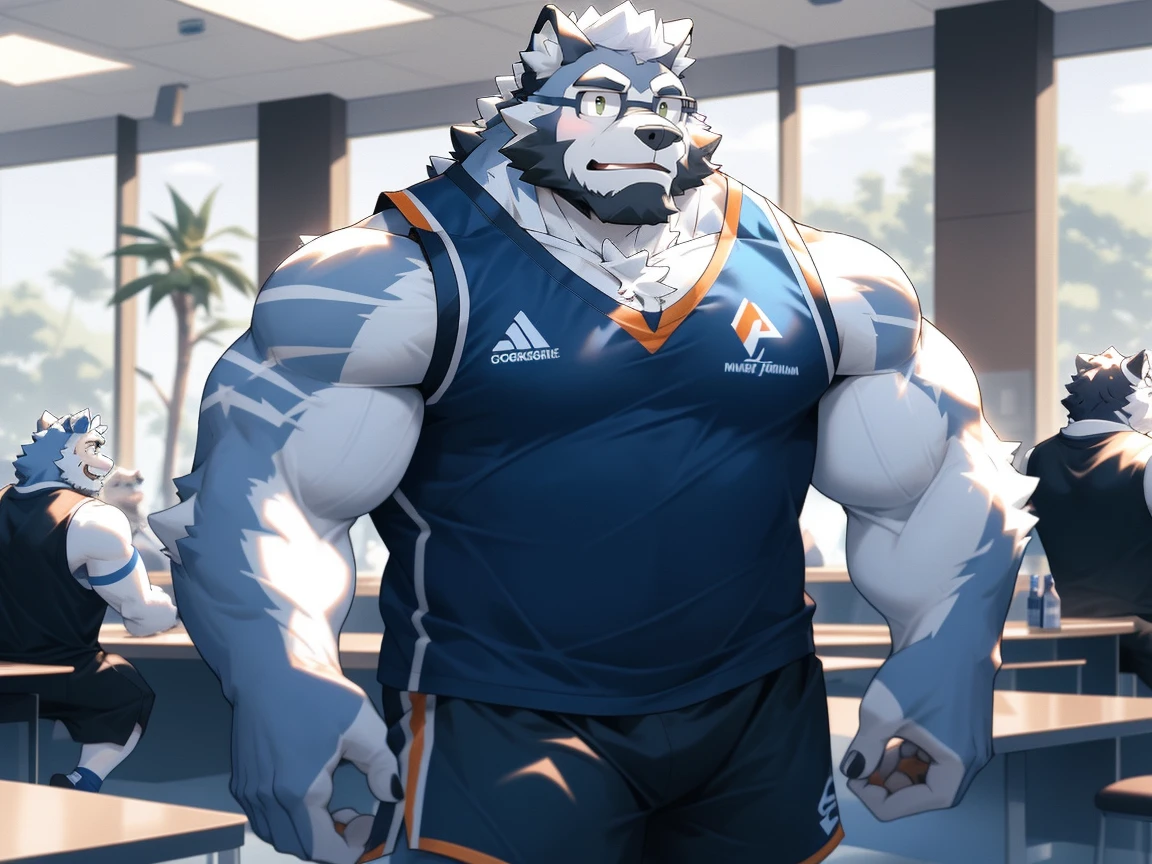 masterpiece,high quality,An anthropomorphic male wolf with blue eyes and blue-white fur,Smiling emoticon,hansome,(young)AND(Strong),(muscular),Wearing a black and gold collar around the neck,Wearing black casual short-sleeved shirt and white sports shorts,(Fluffy fur:1.2),(bright:0.8),panoramic,brighteyes,character focus,Detailed background,(indoor,Basketball Stadium),Has fine hand details and facial expressions,Fine facial details,Compared to the background characters, they are muscular and strong.,Compared to the background characters, they are huge,Compared to the background characters, he has a hansome face.,8K quality,high quality的masterpiece,number(artwork),Facing the right side of the screen,(play basketball,Sweating,Dribbling),(Body hair,Wolf nose:1.2),With fine basketball details,Very detailed,Correct anatomy,Unparalleled muscle texture details,Half of the eight-pack abs exposed,Muscles soaked with sweat