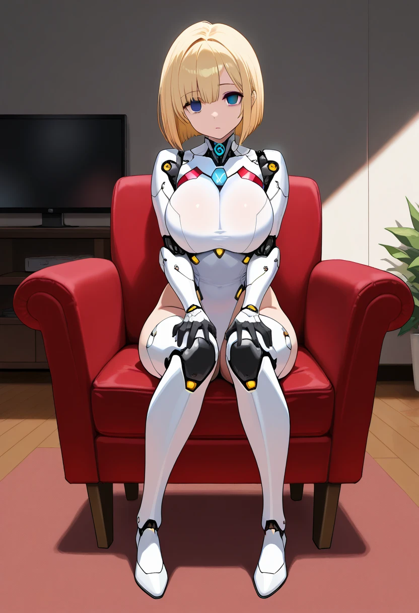 masterpiece,best quality,amazing quality,solo beautiful cyborg woman,blue eyes,large breast,looking at viewer,sitting,empty eyes,beautiful face,blonde,bob cut hair,white leotard,hands on knee,red chair,expression less,full body,living room,indoor