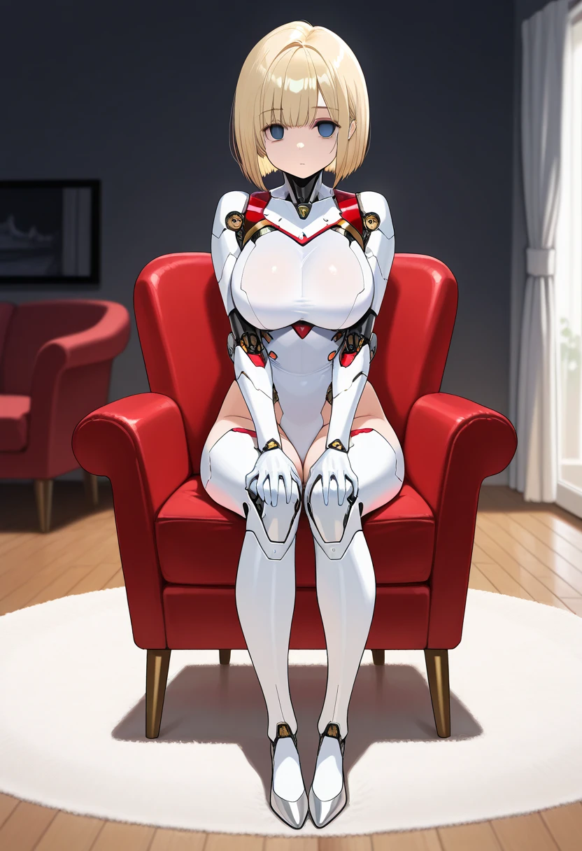 masterpiece,best quality,amazing quality,solo beautiful cyborg woman,blue eyes,large breast,looking at viewer,sitting,empty eyes,beautiful face,blonde,bob cut hair,white leotard,hands on knee,red chair,expression less,full body,living room,indoor