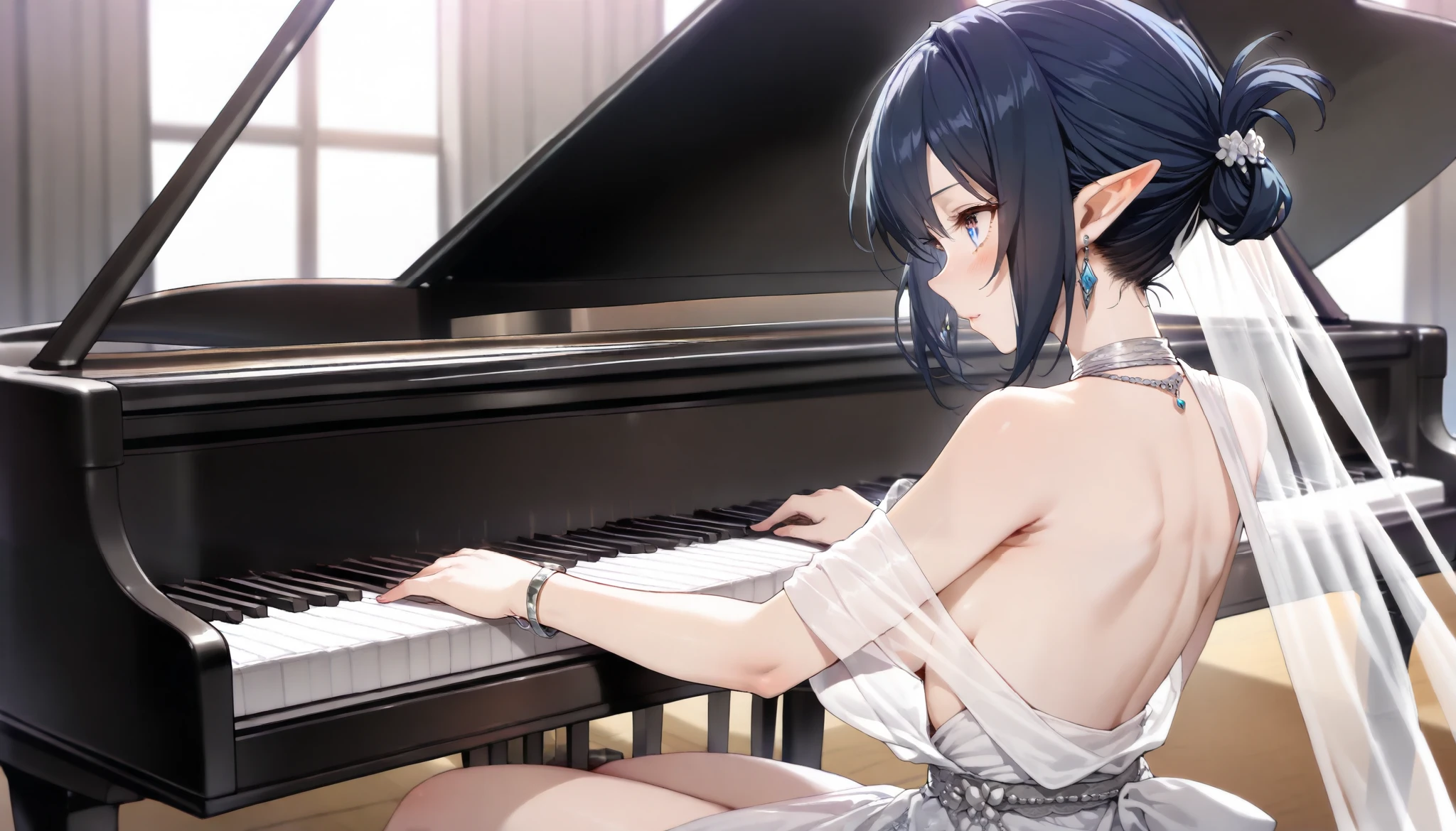 ((Best quality, 8k, Masterpiece: 1.3)), Sharp focus A beautiful woman with perfect body, Highly detailed face and skin texture, (Detailed eyes), dark blue hair, tied hair, jewelry, pointy ears, cinematic lighting, backlighting, from side, pianist, grand piano, piano concerto, concert venue, Evening gown, dress, Silk costume