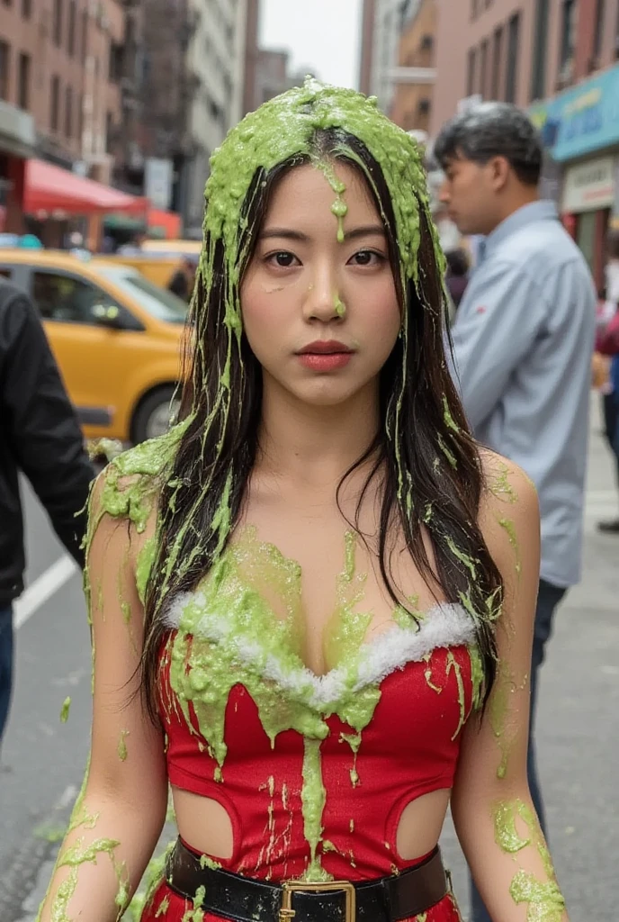 DSLR photograph. Beautiful Chinese woman covered in green water. Photorealistic. Wet liquid. Nasty slime. Raw photo. New York City streets. Daytime. Green Slime. Dripping green goo. 21 years old. (Asian: 1.1). Green water. Portrait photo. Beautiful Asian face. (Cleavage: 1.2). Santababe. Santa dress.