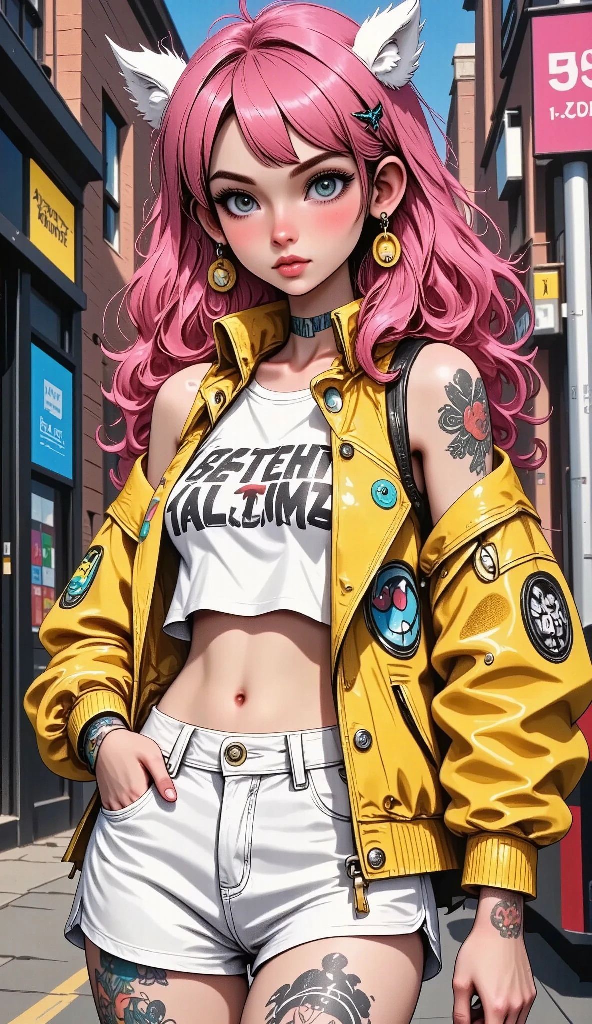 ((( top quality: 1.4))),(  a masterpiece unlike any other in history  ), (  ultra high resolution  ),( Ultra-realistic 8K CG ),   official art  、 (((adult body))), ((( a girl))), ((( bob short hair   ))),   Punk girl with perfect body  ,  Jacket with metal back  ,  beautiful and well-shaped face  ,striking makeup,  elaborate punk fashion  ,  leather jacket, (  Image from head to thighs . .),(( bob short hair   )), Small Leather Panties  , Simon Bisley&#39;His urban and brutal style, Detailed London street background ,Beautiful abs, Complex graphics,   Toxic dark pink tattoo with white stars and gray and white stripes )), earrings,