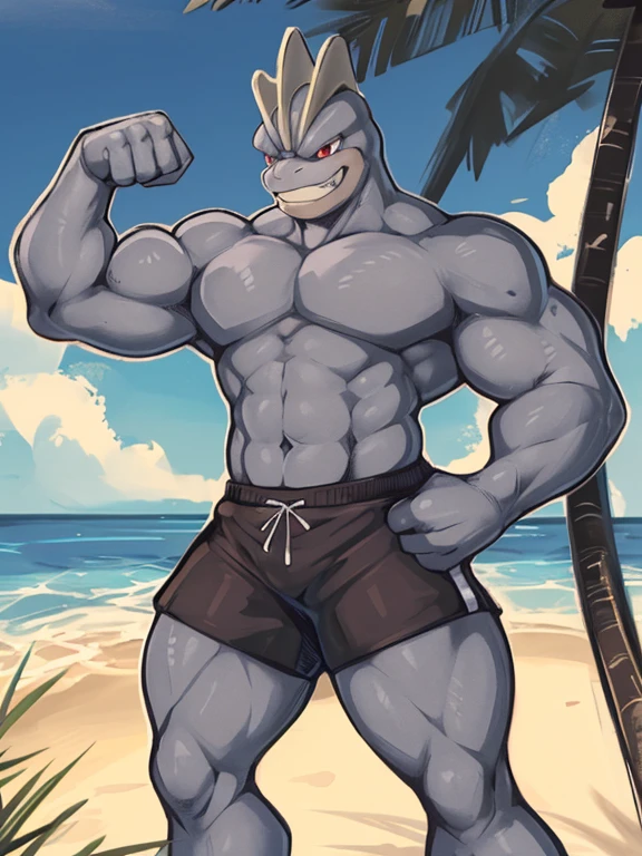 Machamp,pokemon, bald, grey skin, 4 arms, man, championship belt, briefs, looking at viewer, serious, smirk, sitting, on rock, arms raised, outside, lake, mountain, grass, winter, blue sky, high quality, masterpiece, <lora:Machamp:.9>