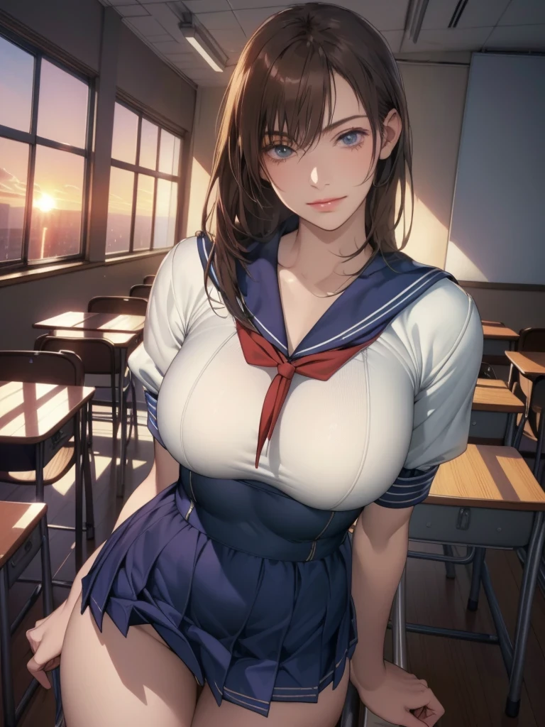 (8k, realistic ,  table top in bed,  top quality ,  RAW photo:1.3)、 One Girl , 18 years old,Alone, high school girl,  long hair, Brown Hair,  beautiful face down to the smallest detail,  attractive face , ( beautiful brown eyes small details I admire :1.2),  medium breasts,( Under Bust :1.0),( covered nipples:0.99),(Loose sailor suit :1.35), ( Slim beautiful body : 1.4),(  Enchanting Poses :1.3), ( viewers who have Miku, Front View, eyes focus:1.2),   detailed background, (sunset:1.2), classroom, Details,  complicated details,   ray tracing,  Depth of Written Boundary,  charming smile ,classroom,