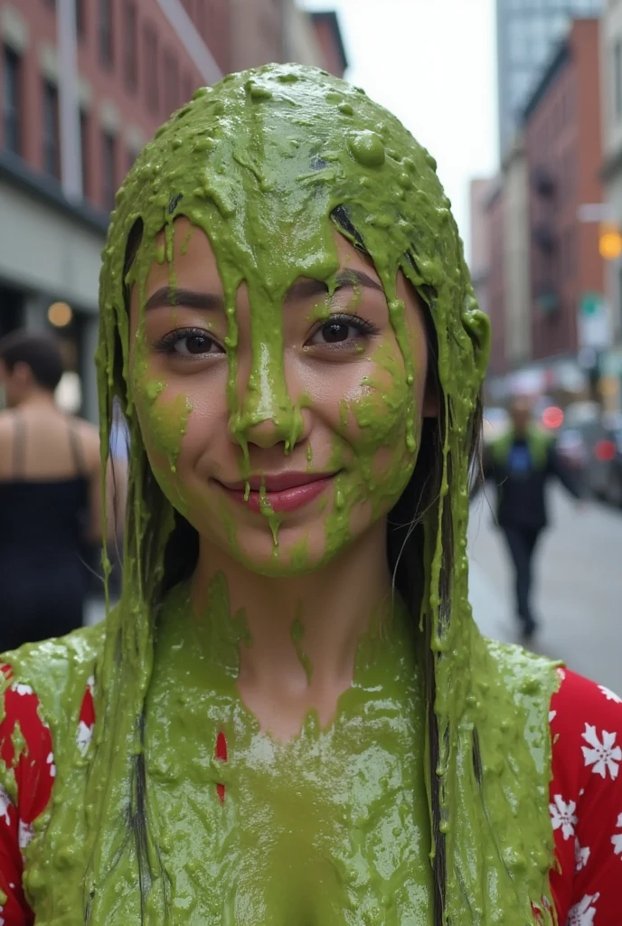 DSLR photograph. Beautiful Chinese woman covered in green water. Photorealistic. Wet liquid. Nasty slime. Raw photo. New York City streets. Daytime. Green Slime. Dripping green goo. 21 years old. (Asian: 1.1). Green water. Portrait photo. Beautiful Asian face. Santababe. Santa dress.