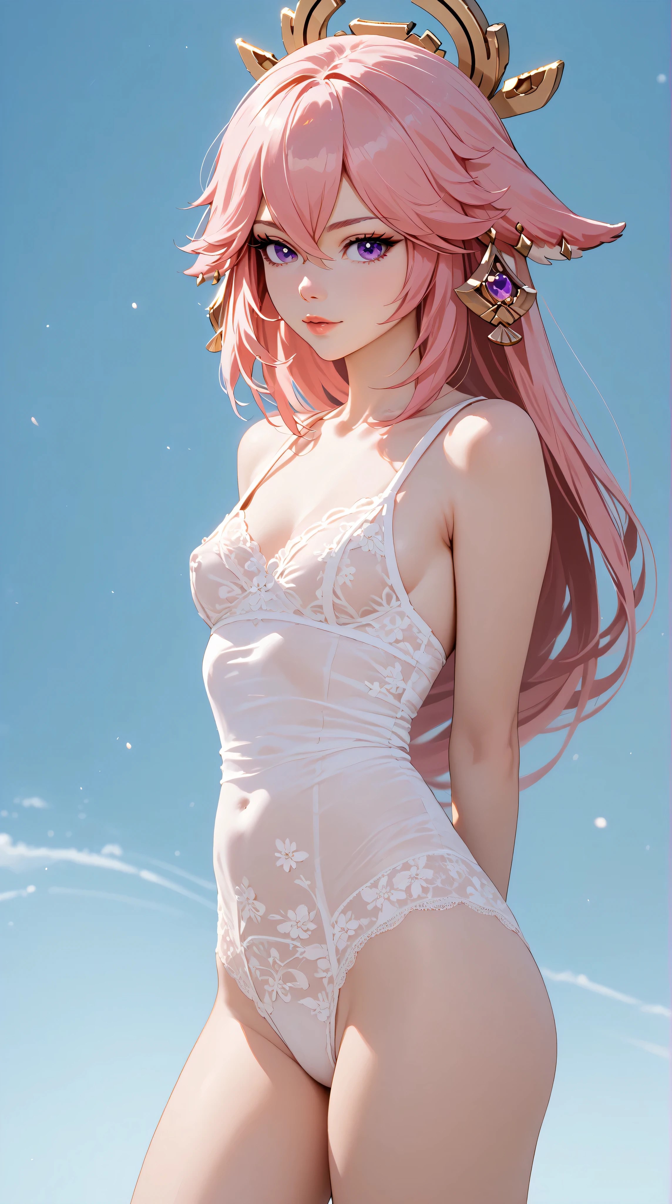 Yae Miko from genshin impact, pink hair, purple eyes, head ornament, small breasts, slender legs, lingerie, standing in a relaxed contrapposto pose with her hands behind her back, she’s facing viewer straight, having a dramatic, neutral expression on her young face, her tank top revealing pronounced cleavage and sideboob, her hair fluttering in the wind, with a pale color gradation, blending retro elements, contemporary digital art, and surrealism, with intricate details,