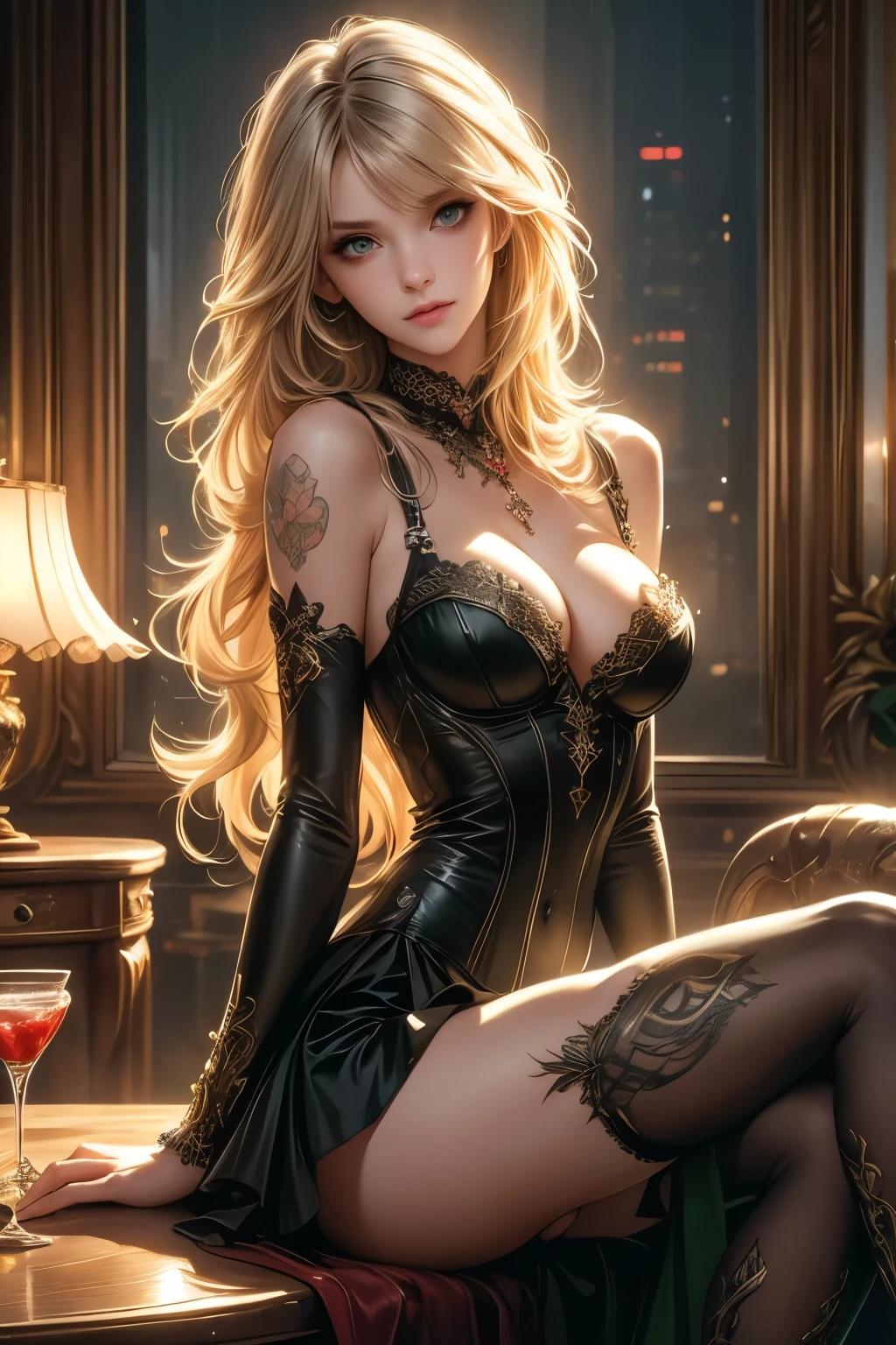 (masterpiece, best quality), sexy female adventurer，big eyes，Immerse yourself in a medieval fantasy world:1.0、 (at the bar:1.1), High forehead, Long straight hair without bangs:1.5, night, Detailed aspects,Large Breasts、Big Ass、 full-body shot:1.7 (Wear sexy fantasy world costumes,The clothes are torn and have scars:1.7) (The clothes are very sexy,Miniskirt shows off beautiful long legs:1.4) light white hair:1.8 ((feeling in pain:1.7))((Frowning and wanting to moan:2)) (Close your eyes and fall asleep to have a nightmare:1.9)
 ((Put your hands on top of your head:1.3 Show armpits:1.3)) ((Open your mouth slightly and scream for help:1.6)) Lie down and open your legs:1.2. Curve eyebrows downward：1.2 wearing high heels:1.6