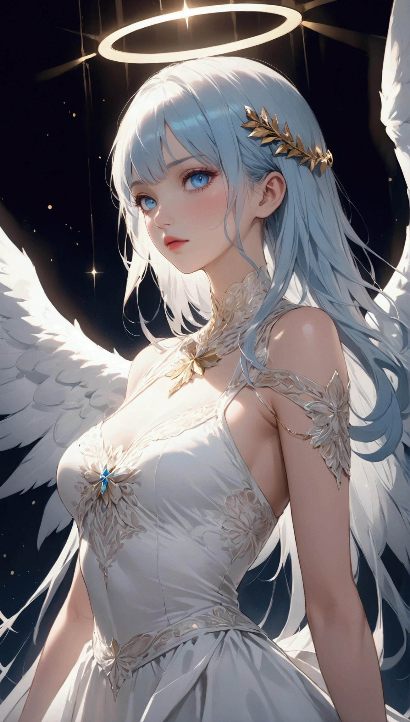 ultra realisitic、Wings of an Angel、fair skin、正面、a large breast、Official Art、The is erect、archangel、White and beautiful hair、White dress、skies、Detailed details、ultra res、necklac