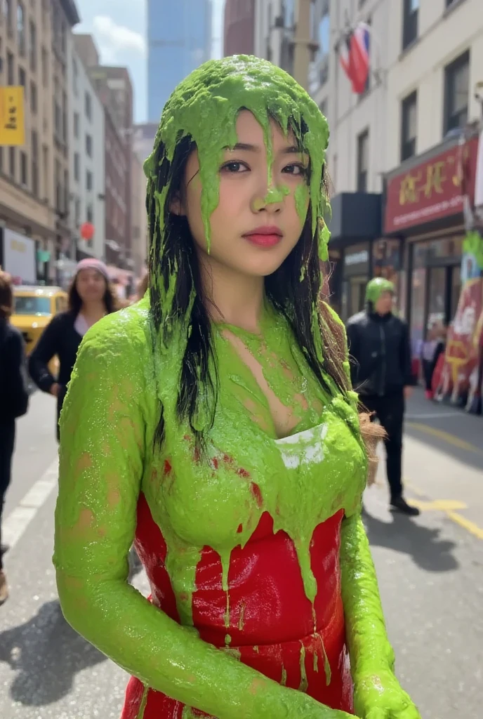 DSLR photograph. Beautiful Chinese woman covered in green water. Photorealistic. Wet liquid. Nasty slime. Raw photo. New York City streets. Daytime. Green Slime. Dripping green goo. 21 years old. (Asian: 1.1). Green water. Portrait photo. Beautiful Asian face. (Cleavage: 1.2). Santababe. Santa dress.