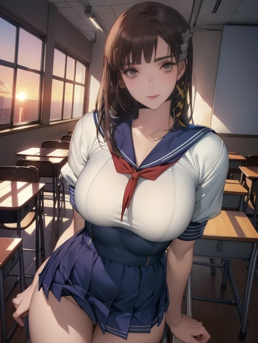 (8k,Photorealistic, masutepiece, Best Quality, Raw photo:1.3)、1girl in, 18years old,Solo,school girl, Long hair, Brown hair, Detailed beautiful face, alluring face, (Detailed beautiful brown eyes:1.2), medium breasts,(underboob:1.3),(coverd nipples:1.1),(loos sailer uniform :1.35), ( Perfect body skinny beauty: 1.4),( temptation Pose:1.3), (Looking at Viewer, front view,eyes focus:1.2), Detailed background, (sunset:1.2), classroom,fine detailed, intricate detailes, Ray tracing, depth of fields, seductive smile,classroom,