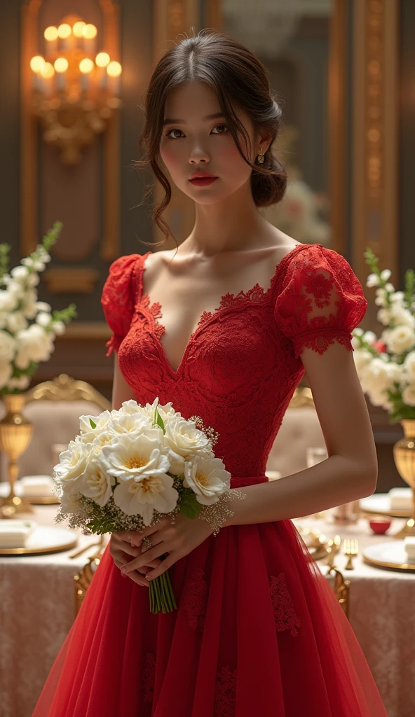 Woman wearing a red A-shaped lace dress with a V-neck, slightly puffed hands , holding a bouquet of snow-white flowers , standing by a brightly decorated banquet table .