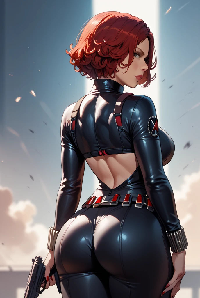 score_9, score_8_up, score_7_up, BREAK, score_9, Marvel_Black_Widow, serious, lips, short orange hair, black bodysuit, belt, blue eyes, looking at viewer, cowboy shot, ass, from behind, dark room