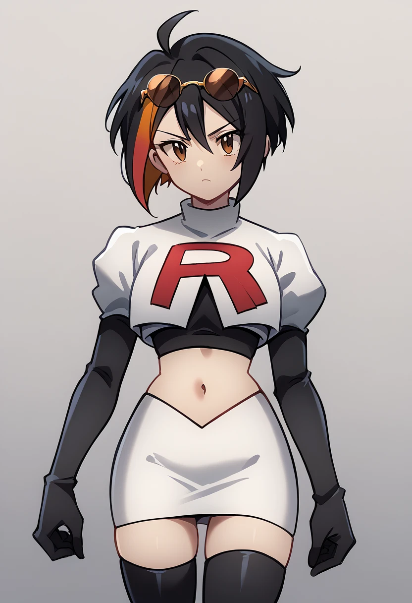 (score_9,score_8_up,score_7_up,),uncensored,DL_GQ,solo,1girl,black hair,eyewear on head,multicolored hair,short hair,red hair,brown eyes,ahoge,streaked hair,team rocket,team rocket uniform,white skirt,red letter R,crop top,black thigh-highs,black elbow gloves,cowboy_shot,