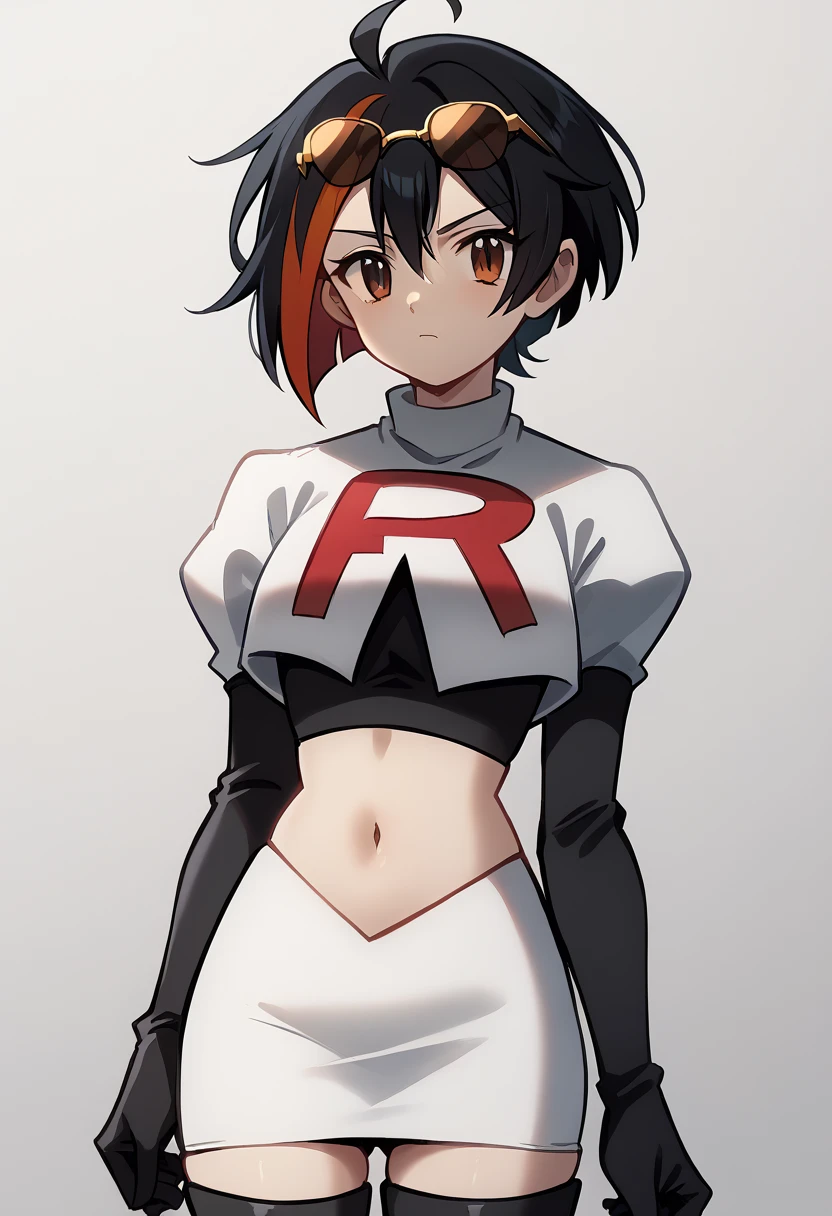 (score_9,score_8_up,score_7_up,),uncensored,DL_GQ,solo,1girl,black hair,eyewear on head,multicolored hair,short hair,red hair,brown eyes,ahoge,streaked hair,team rocket,team rocket uniform,white skirt,red letter R,crop top,black thigh-highs,black elbow gloves,cowboy_shot,