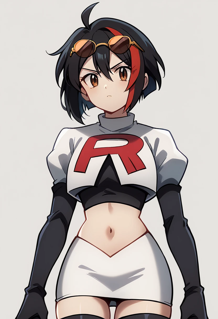 (score_9,score_8_up,score_7_up,),uncensored,DL_GQ,solo,1girl,black hair,eyewear on head,multicolored hair,short hair,red hair,brown eyes,ahoge,streaked hair,team rocket,team rocket uniform,white skirt,red letter R,crop top,black thigh-highs,black elbow gloves,cowboy_shot,