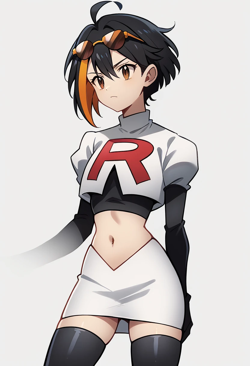 (score_9,score_8_up,score_7_up,),uncensored,DL_GQ,solo,1girl,black hair,eyewear on head,multicolored hair,short hair,red hair,brown eyes,ahoge,streaked hair,team rocket,team rocket uniform,white skirt,red letter R,crop top,black thigh-highs,black elbow gloves,cowboy_shot,