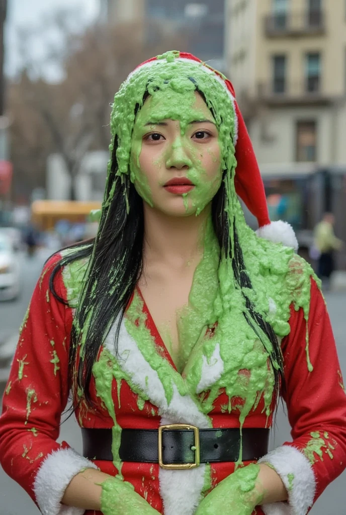 DSLR photograph. Beautiful Chinese woman covered in green water. Photorealistic. Wet liquid. Nasty slime. Raw photo. New York City streets. Daytime. Green Slime. Dripping green goo. 21 years old. (Asian: 1.1). Green water. Portrait photo. Beautiful Asian face. Santababe. Santa dress.