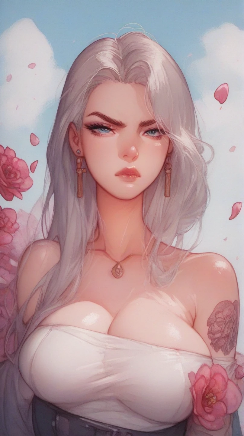 (extremely detailed CG, ultra-detailed, best shadow:1.1), ((depth of field)), ((watercolor)), large breasts, bare shoulders, flowers and petals, beautiful concept illustration , (white background:0.5), (illustration :1.1), (extremely fine and beautiful:1.1), (perfect details:1.1),DIGITAL ILLUSTRATION OF BEAUTIFUL FEMALE CHARACTER IN DRAWING STYLE BY ILLUSTRATOR Toh-Yasu, ANIME STYLE WITH SKINNY CLOTHING INSPIRED BY FUTURISTIC TATTOO DRAGON AND VIBRANT CLOTHING COLORS, SERIOUS LOOK AND ULTRA DETAILED ARTWORK, FOCUS GRAFFITI STYLE CITY SCENERY FROM CAMERA
