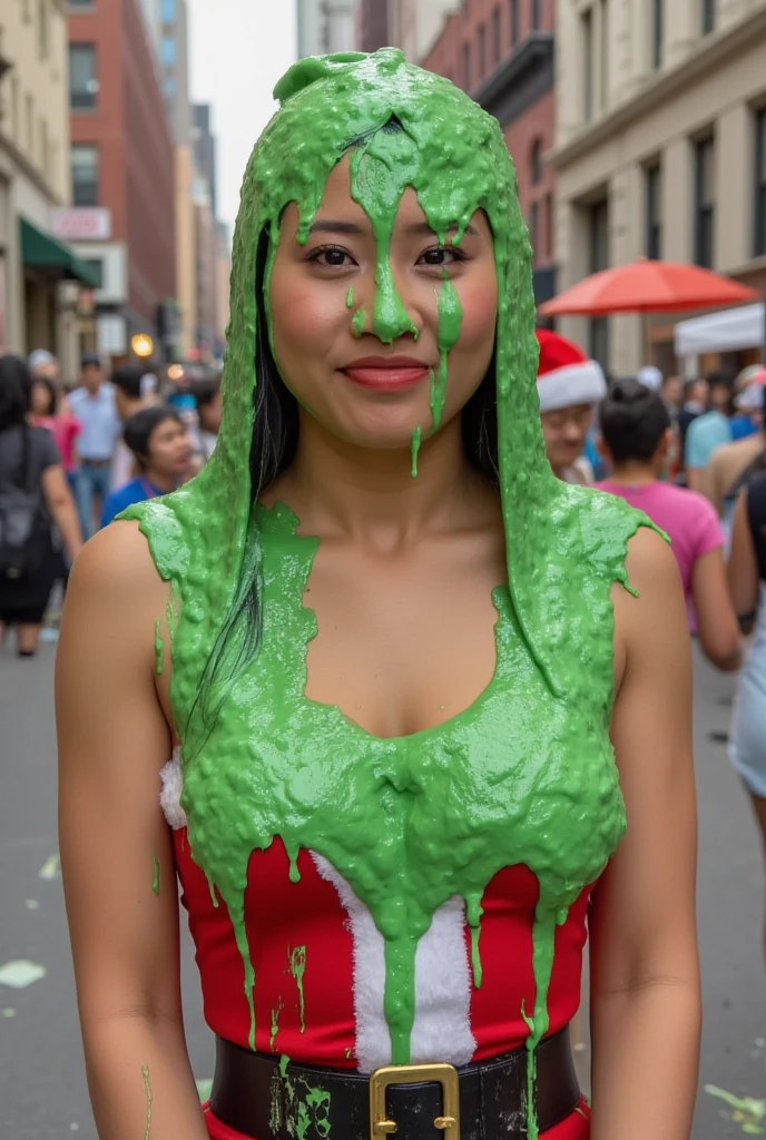 DSLR photograph. Beautiful Chinese woman covered in green water. Photorealistic. Wet liquid. Nasty slime. Raw photo. New York City streets. Daytime. Green Slime. Dripping green goo. 21 years old. (Asian: 1.1). Green water. Portrait photo. Beautiful Asian face. Santababe. Santa dress.