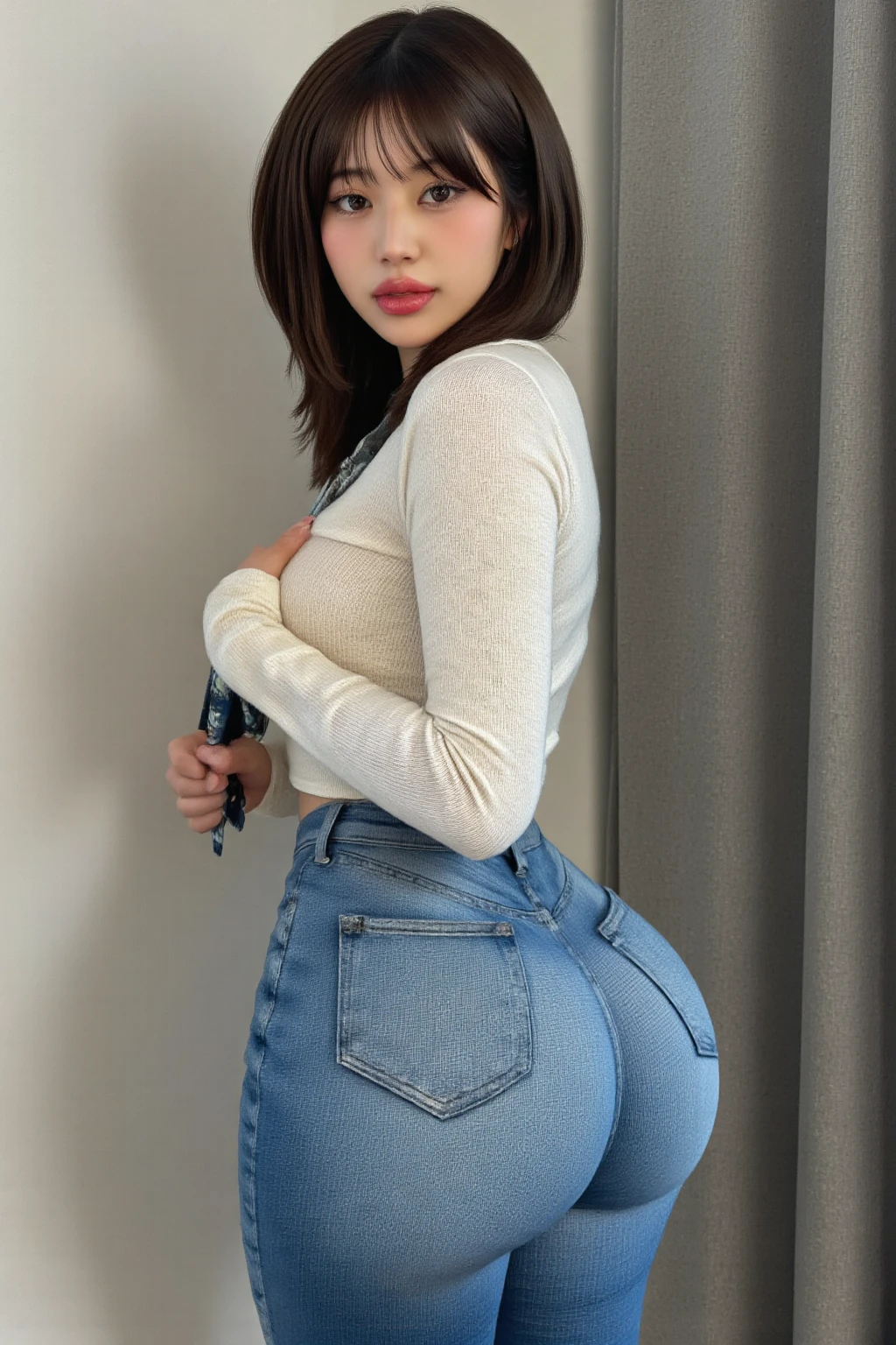 Cute tan Chinese girl wearing glasses, tight jean shorts , butt