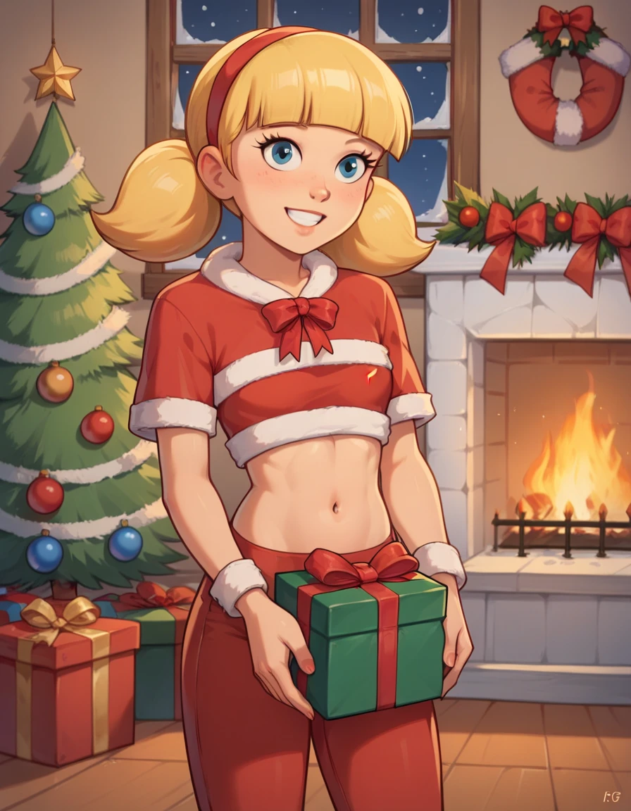 BREAK, 1girl, solo, female focus, 1girl, penny_ig, BREAK,  penny, blonde hair, twintails, blunt bangs, solo, modern penthouse at night, fireplace, christmas undies, (sexy christmas suit), (belly button, smile), masterpiece, best quality, holding present