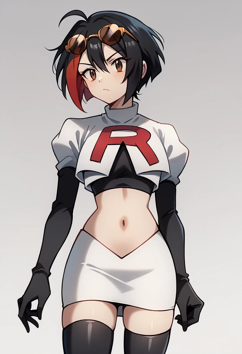 (score_9,score_8_up,score_7_up,),uncensored,DL_GQ,solo,1girl,black hair,eyewear on head,multicolored hair,short hair,red hair,brown eyes,ahoge,streaked hair,team rocket,team rocket uniform,white skirt,red letter R,crop top,black thigh-highs,black elbow gloves,cowboy_shot,