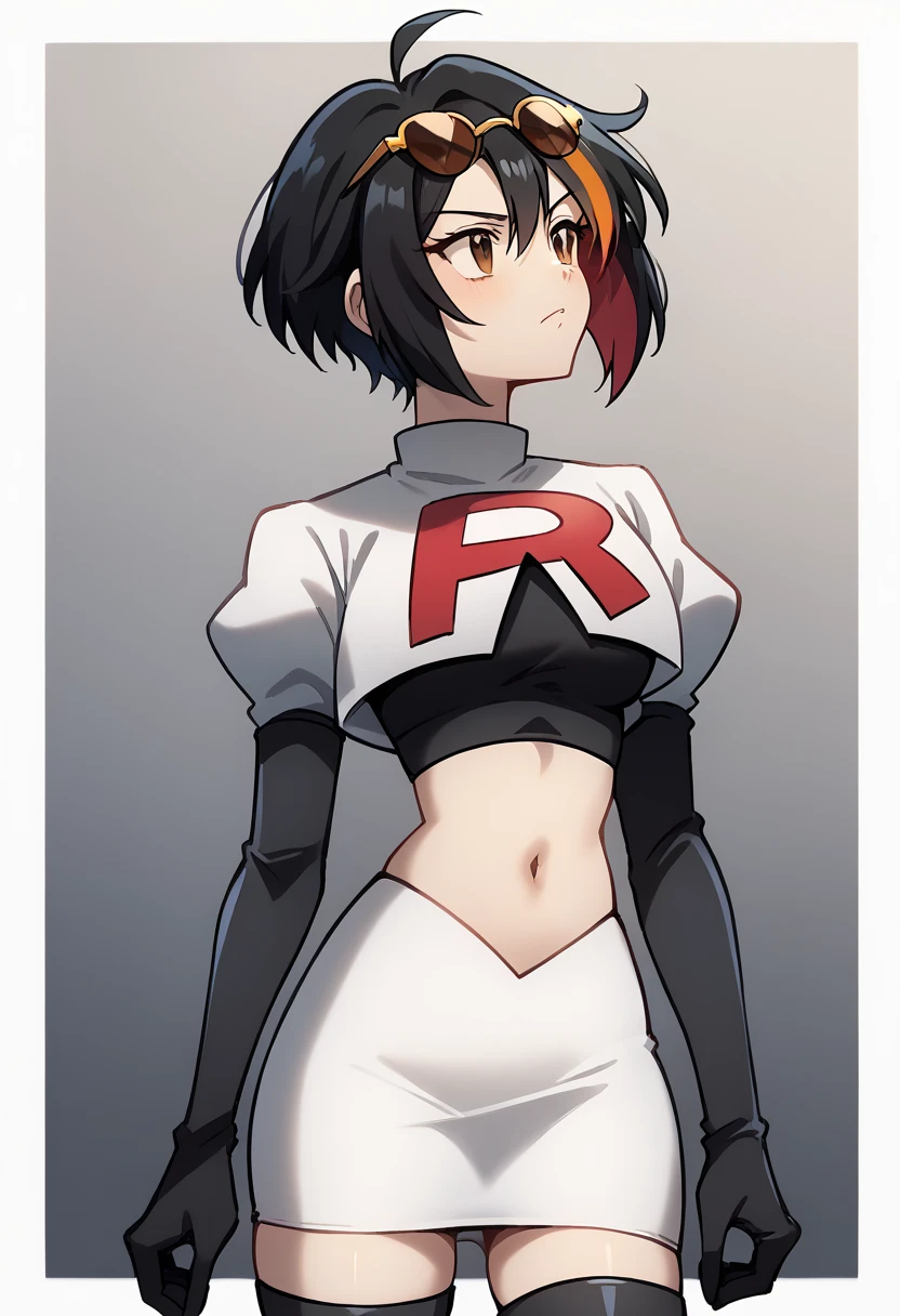 (score_9,score_8_up,score_7_up,),uncensored,DL_GQ,solo,1girl,black hair,eyewear on head,multicolored hair,short hair,red hair,brown eyes,ahoge,streaked hair,team rocket,team rocket uniform,white skirt,red letter R,crop top,black thigh-highs,black elbow gloves,cowboy_shot,