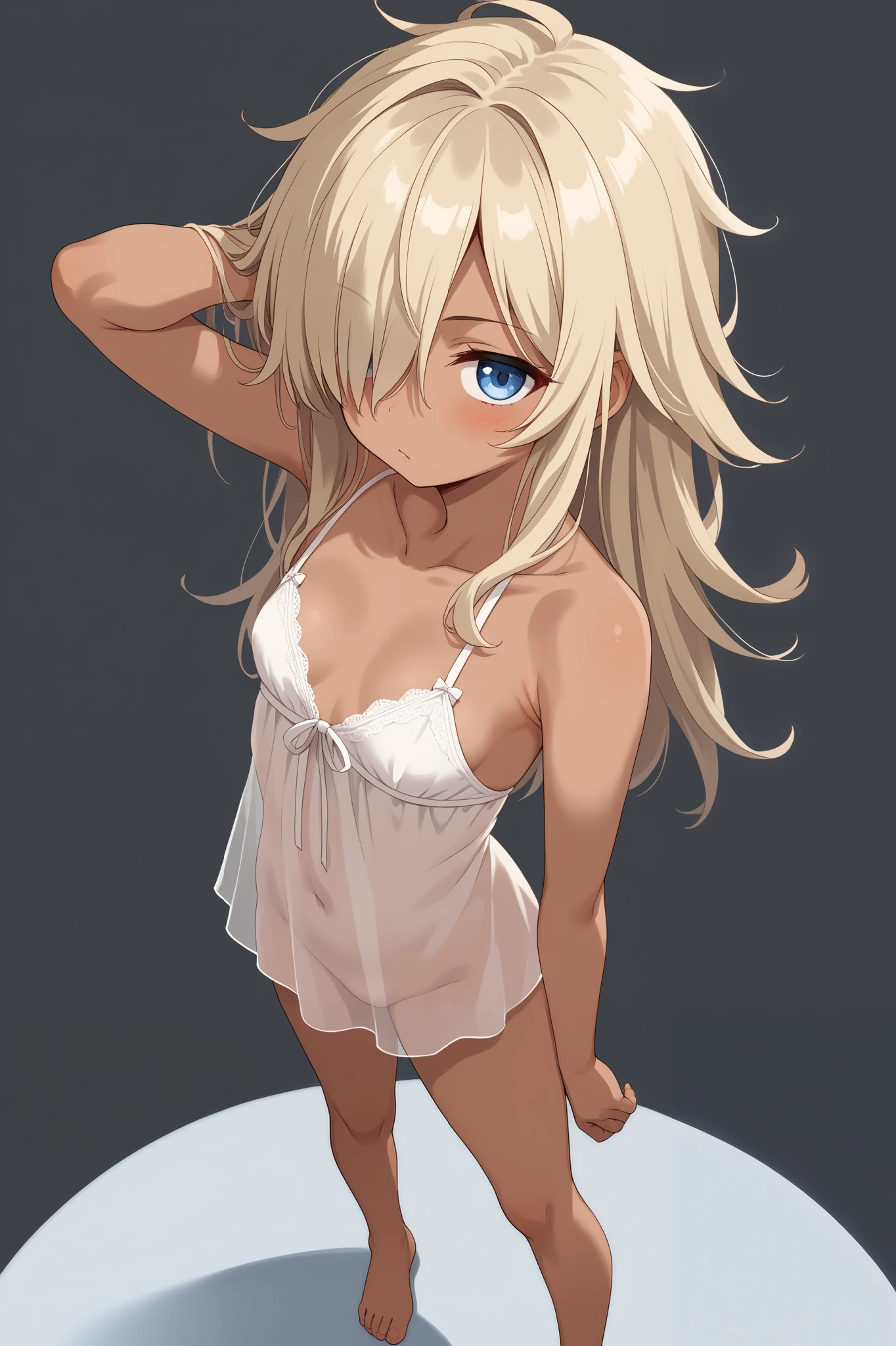 short stature, (anime), (tomboy:1.2), dark-skinned girl, (tareme:1.5), 9yo ,((petite:1.5)), small breasts, messy hair, long hair, (hair over one eye:1.2), nsfw, (girl's eyes color is light blonde), light blonde hair, barefoot,
(simple background), girl standing, (cowboy shot), pov
white doll on nude